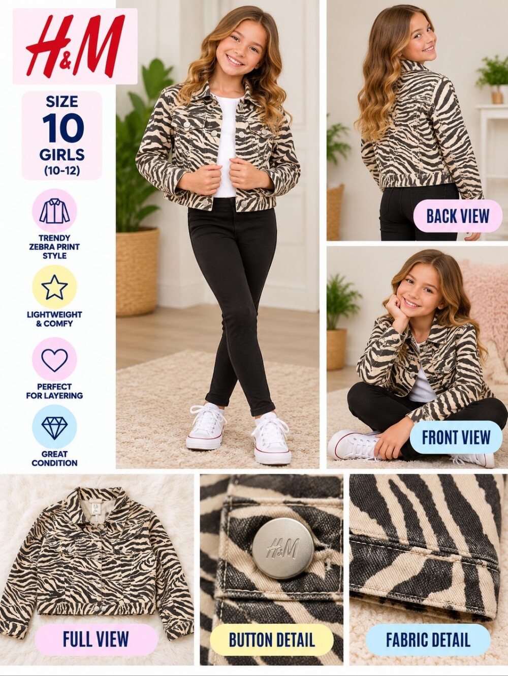 H&M girls size 10 zebra print jacket #01